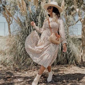 Taupe Floral Smocked Long Sleeve Maxi Dress
